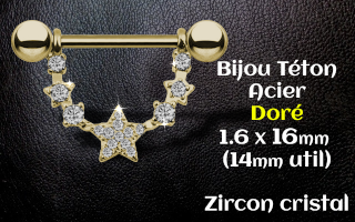 Bijou teton Acier 1.6 x 16 Acier Dore - zircon cristal
