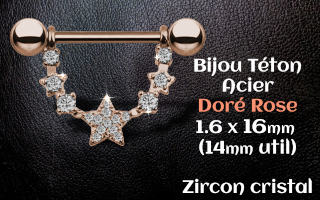 Bijou teton Acier 1.6 x 16 Acier Dore Rose- zircon cristal