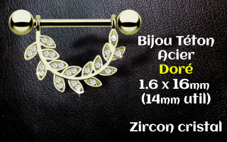 Bijou teton Acier 1.6 x 16 Acier Dore zircon cristal