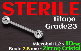 micro barbell titane 1.2 x 10 - zircon 2.5 mm - zircon cristal- STERILE