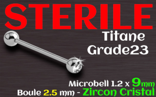 micro barbell titane 1.2 x 9 - zircon 2.5 mm - zircon cristal- STERILE