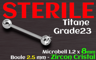 micro barbell titane 1.2 x 8 - zircon 2.5 mm - zircon cristal- STERILE