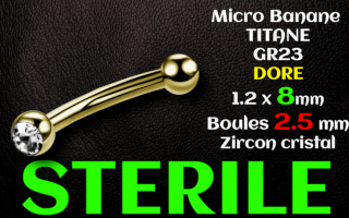 micro banane 1.2 x 8 - boules 2.5 mm - Titane Dore - Zircon cristal - sterile