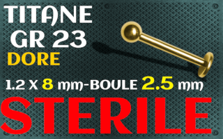 labret 1.2 x 8 - boules 2.5 mm - Titane Dore - sterile