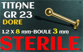 labret 1.2 x 8 - boules 3 mm - Titane Dore - sterile