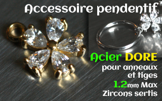 Accessoire pendentif Acier Dore - zircon sertis - pour anneaux et tiges 1.2 mm max