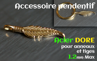 Accessoire pendentif Acier Dore plume- pour anneaux et tiges 1.2 mm max