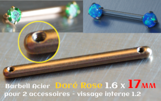 Barre 1.6 x 17 Acier Dore Rose- 2 vissages aux extremites - pour accessoire interne (non livre) - bijou teton