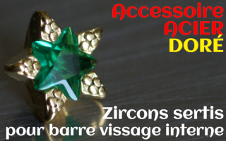 Accessoires etoile Acier Dore - zircon serti emeraude - pour vissage interne 1.0 (labret - industriel - teton - circulaire)