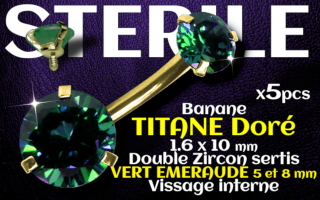 Banane titane doré - vissage interne - 1.6 x 10 - Double zircon emeraude 5 et 8 mm - STERILE