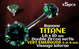 Banane titane - vissage interne - 1.6 x 10 - Double zircon emeraude 5 et 8 mm