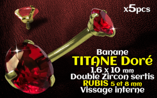 Banane titane doré - vissage interne - 1.6 x 10 - Double zircon Rubis 5 et 8 mm