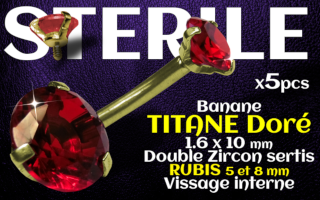 Banane titane doré - vissage interne - 1.6 x 10 - Double zircon Rubis 5 et 8 mm - STERILE