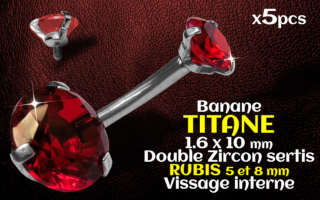 Banane titane - vissage interne - 1.6 x 10 - Double zircon Rubis 5 et 8 mm