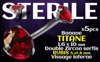 Banane titane - vissage interne - 1.6 x 10 - Double zircon Rubis 5 et 8 mm - STERILE