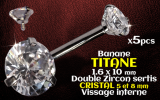 Banane titane - vissage interne - 1.6 x 10 - Double zircon Cristal 5 et 8 mm