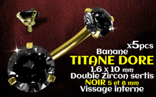 Banane titane doré - vissage interne - 1.6 x 10 - Double zircon Noir 5 et 8 mm