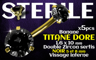 Banane titane doré - vissage interne - 1.6 x 10 - Double zircon Noir 5 et 8 mm - STERILE