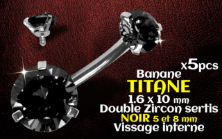 Banane titane - vissage interne - 1.6 x 10 - Double zircon Noir 5 et 8 mm