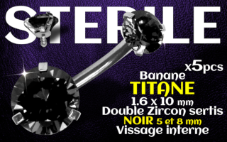 Banane titane - vissage interne - 1.6 x 10 - Double zircon Noir 5 et 8 mm - STERILE
