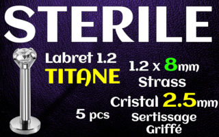 Labret titane - vissage interne - 1.2 x 8 - zircon Griffe Cristal 2.5 mm - STERILE