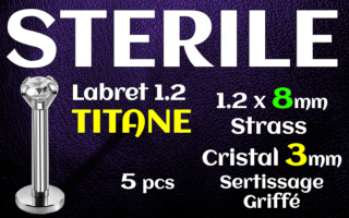 Labret titane - vissage interne - 1.2 x 8 - zircon Griffe Cristal 3 mm - STERILE