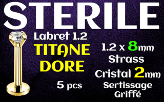 Labret titane Dore- vissage interne - 1.2 x 8 - zircon Griffe Cristal 2 mm - STERILE