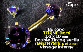 Banane titane Dore - vissage interne - 1.6 x 10 - Double zircon amethyste 5 et 8 mm -