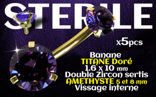 Banane titane Dore - vissage interne - 1.6 x 10 - Double zircon amethyste 5 et 8 mm - STERILE
