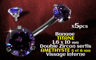 Banane titane - vissage interne - 1.6 x 10 - Double zircon amethyste 5 et 8 mm -