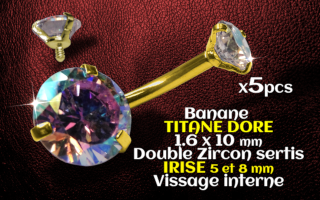 Banane titane Dore- vissage interne - 1.6 x 10 - Double zircon irise 5 et 8 mm -