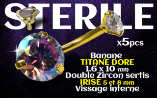 Banane titane Dore- vissage interne - 1.6 x 10 - Double zircon irise 5 et 8 mm - STERILE