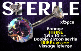 Banane titane- vissage interne - 1.6 x 10 - Double zircon irise 5 et 8 mm - STERILE