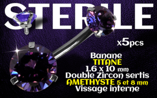 Banane titane- vissage interne - 1.6 x 10 - Double zircon amethyste 5 et 8 mm - STERILE