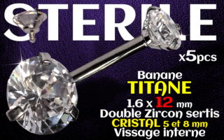 Banane titane- vissage interne - 1.6 x 12 - Double zircon cristal 5 et 8 mm - STERILE