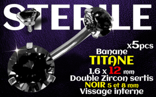 Banane titane- vissage interne - 1.6 x 12 - Double zircon noir 5 et 8 mm - STERILE