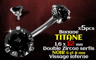 Banane titane- vissage interne - 1.6 x 12 - Double zircon noir 5 et 8 mm -