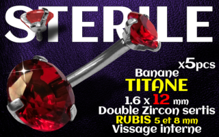 Banane titane- vissage interne - 1.6 x 12 - Double zircon ruby 5 et 8 mm -STERILE