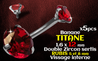 Banane titane- vissage interne - 1.6 x 12 - Double zircon ruby 5 et 8 mm -