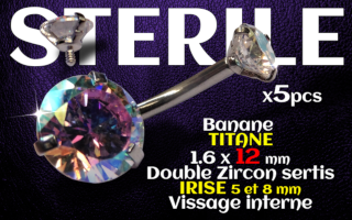 Banane titane- vissage interne - 1.6 x 12 - Double zircon irise 5 et 8 mm -STERILE