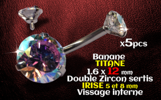 Banane titane- vissage interne - 1.6 x 12 - Double zircon irise 5 et 8 mm -