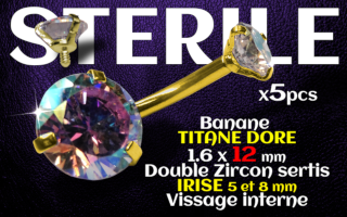 Banane titane GOLD- vissage interne - 1.6 x 12 - Double zircon irise 5 et 8 mm -STERILE