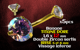 Banane titane GOLD- vissage interne - 1.6 x 12 - Double zircon irise 5 et 8 mm -