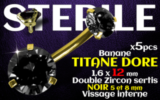 Banane titane GOLD- vissage interne - 1.6 x 12 - Double zircon noir 5 et 8 mm -STERILE