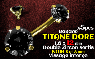 Banane titane GOLD- vissage interne - 1.6 x 12 - Double zircon noir 5 et 8 mm -