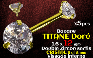 Banane titane GOLD- vissage interne - 1.6 x 12 - Double zircon cristal 5 et 8 mm -