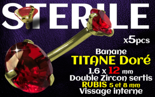 Banane titane GOLD- vissage interne - 1.6 x 12 - Double zircon ruby 5 et 8 mm -STERILE
