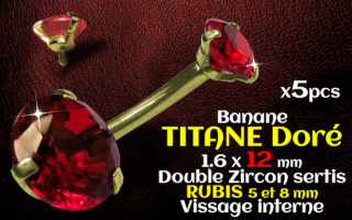 Banane titane GOLD- vissage interne - 1.6 x 12 - Double zircon ruby 5 et 8 mm