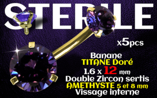 Banane titane GOLD- vissage interne - 1.6 x 12 - Double zircon amethyste 5 et 8 mm -STERILE