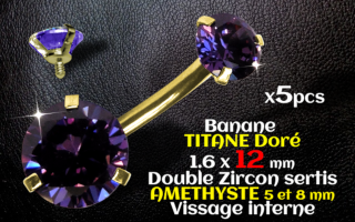 Banane titane GOLD- vissage interne - 1.6 x 12 - Double zircon amethyste 5 et 8 mm